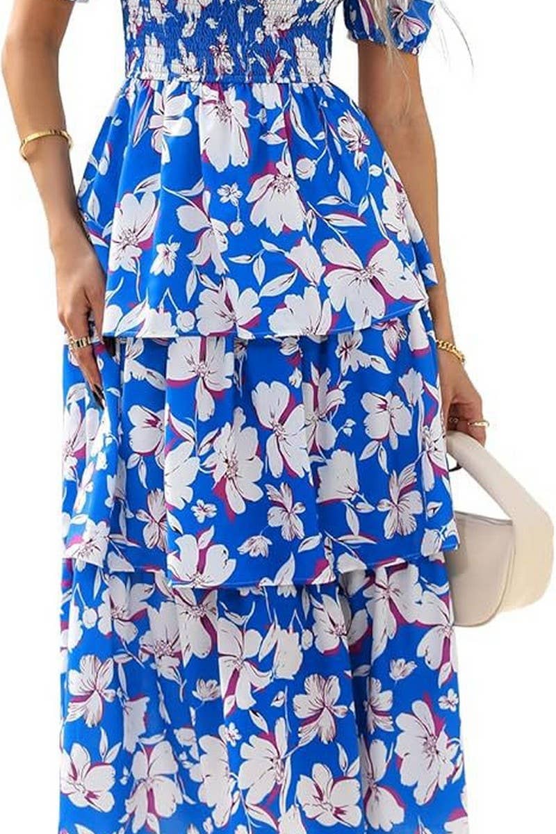 CWDMD01026_SQUARE NECK SHORT SLEEVE FLORAL CHIFFON DRESS