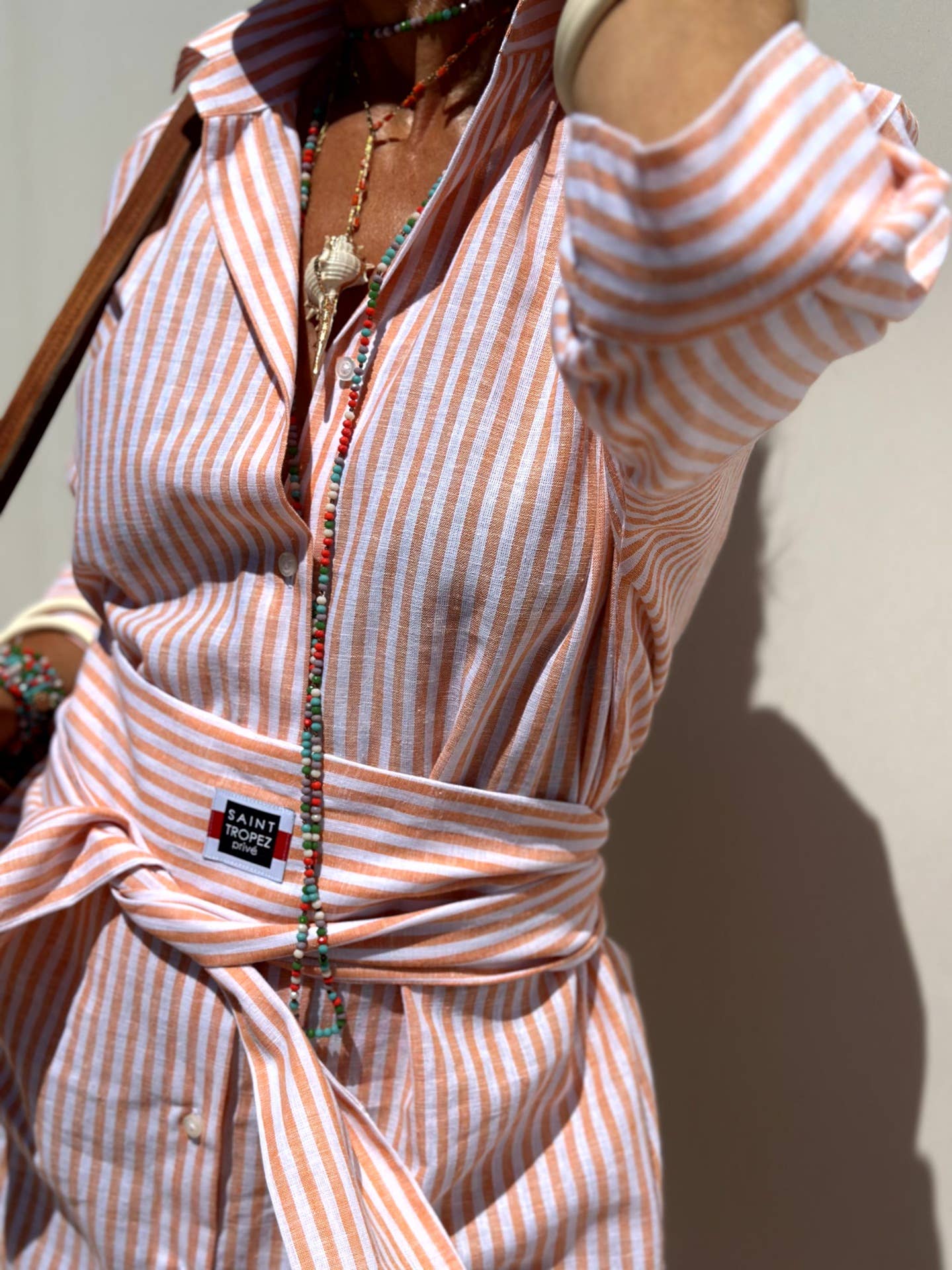 FIVE-QUARTER SLEEVE STRIPED SHIRT DRESS