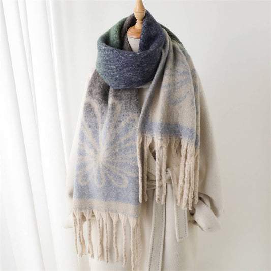 Vintage Floral Gradient Fringe Scarf for Winter