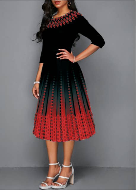 POSITIONING PRINT STYLE MID-SLEEVE WAIST DRESS