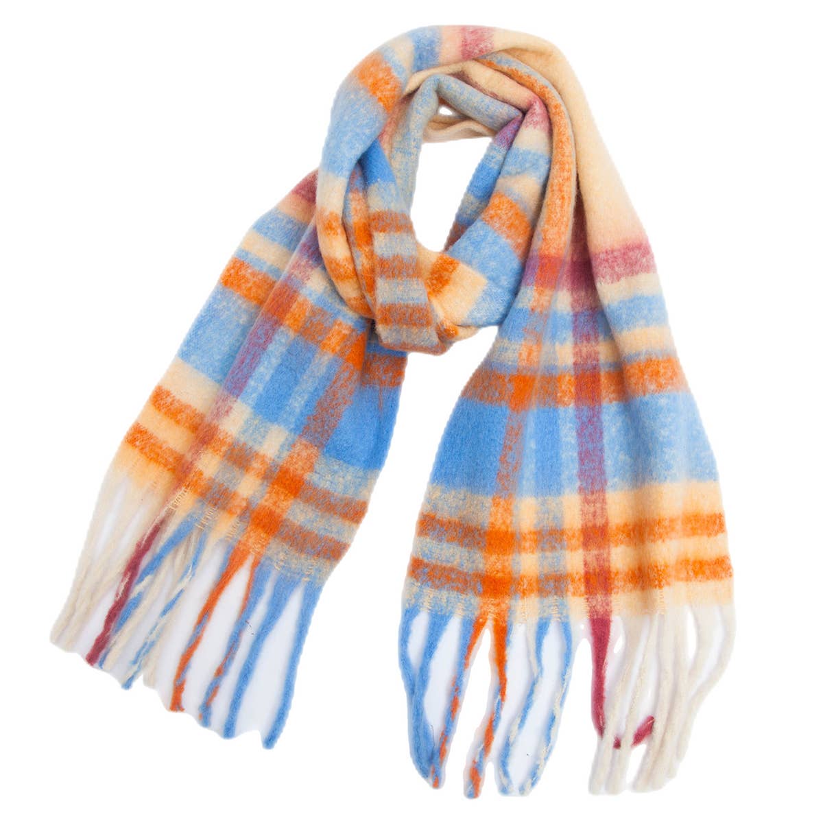 Chunky Plaid Mohair-Look Scarf with Fringes