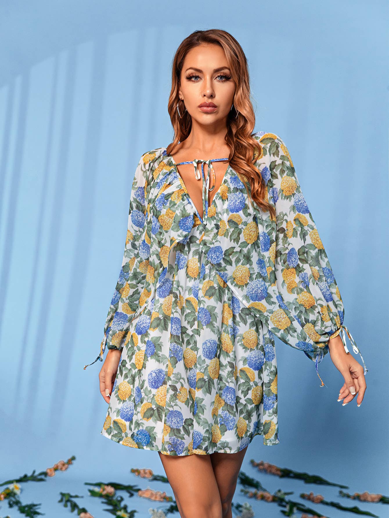 VINTAGE GENTLE WIND FLORAL LONG SLEEVE SLIP DRESS