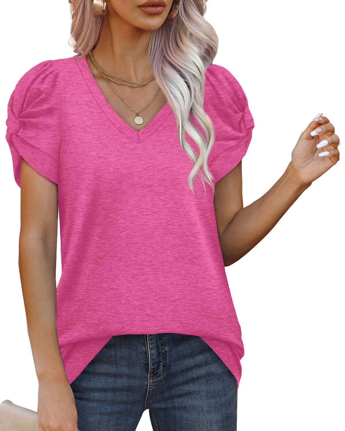 Solid color knotted V-neck short-sleeved blouse