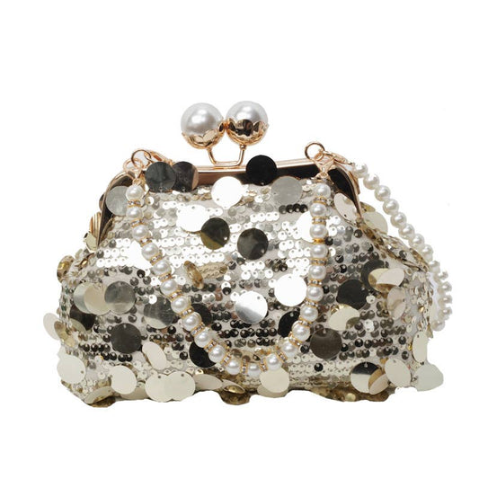 Fashionable sequined shell pearl chain dinner bag