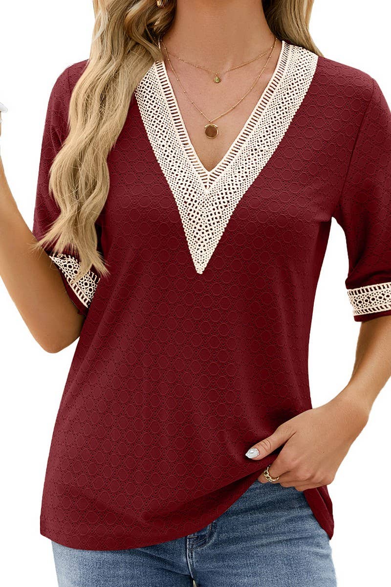 V NECK LACE STITCHING SOLID COLOR LOOSE TOP_CWTSTS0187