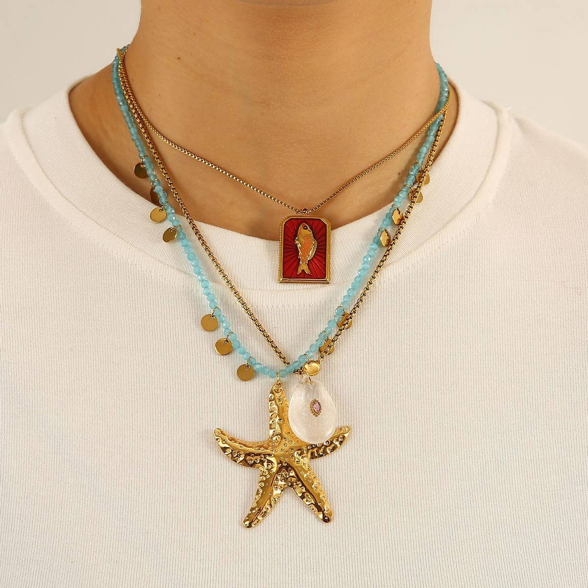 Ocean Style Flower Necklace with Starfish Charm_CWMM8825