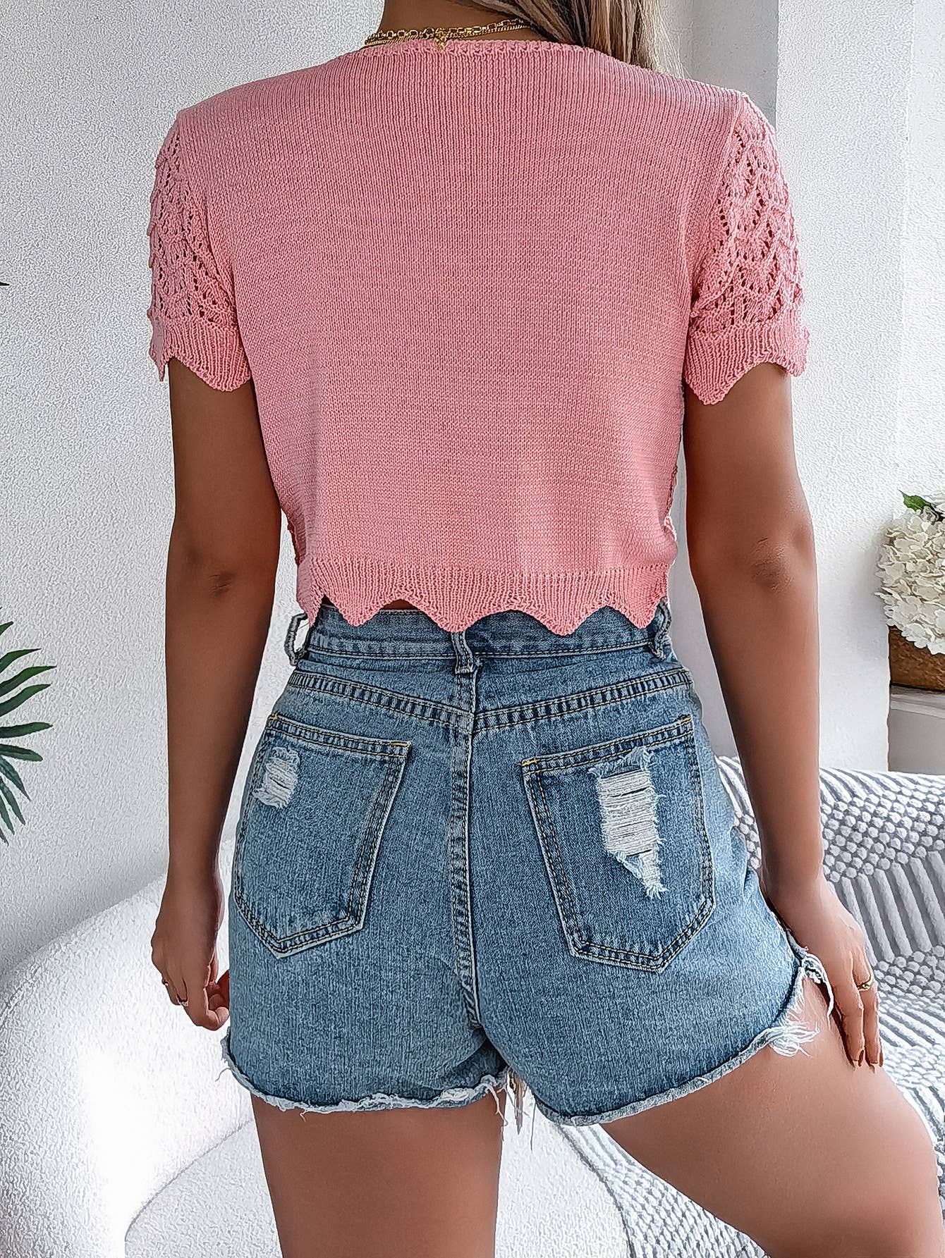 Lace-up hollowed-out short-sleeved cardigan