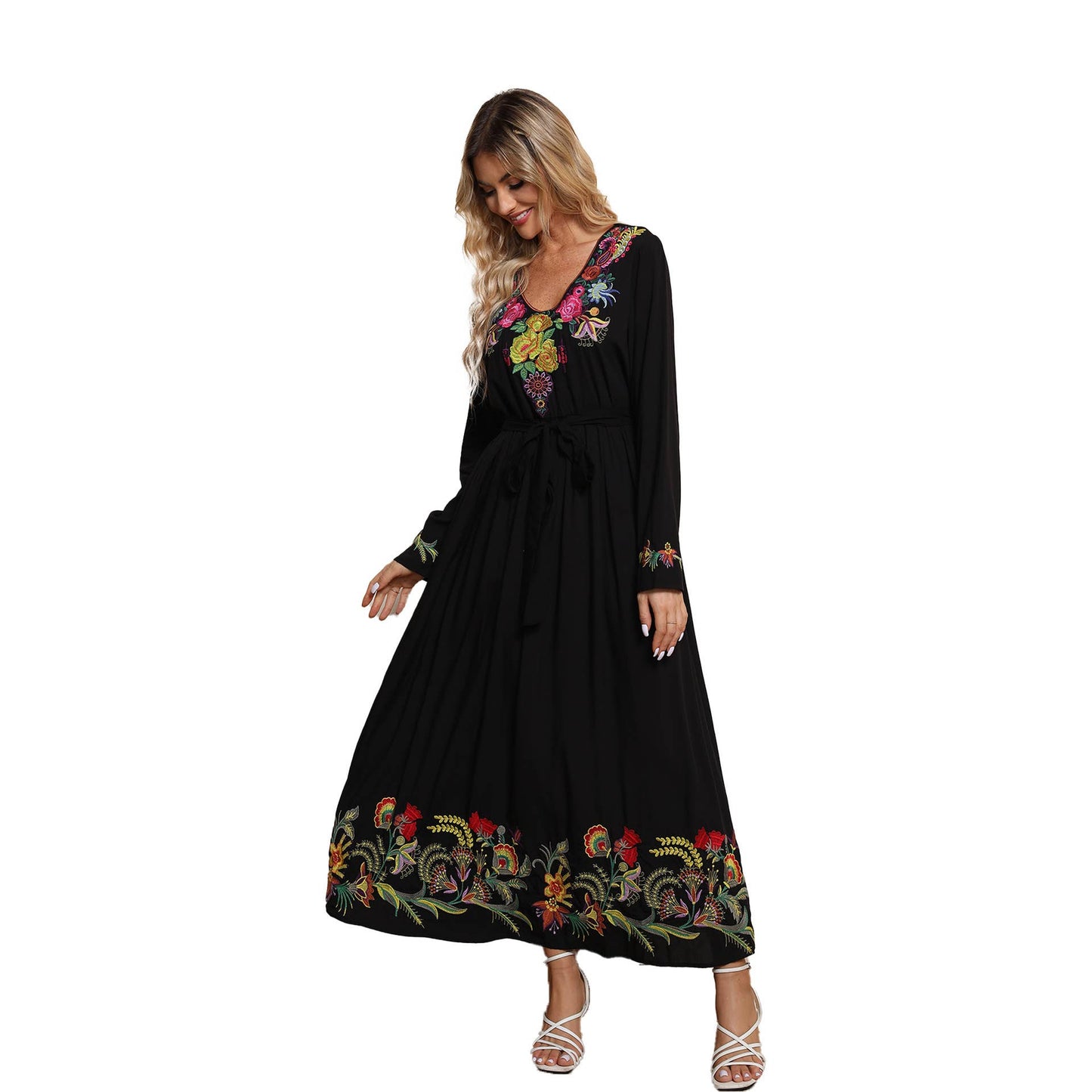 Women's long-sleeved embroidered long dress