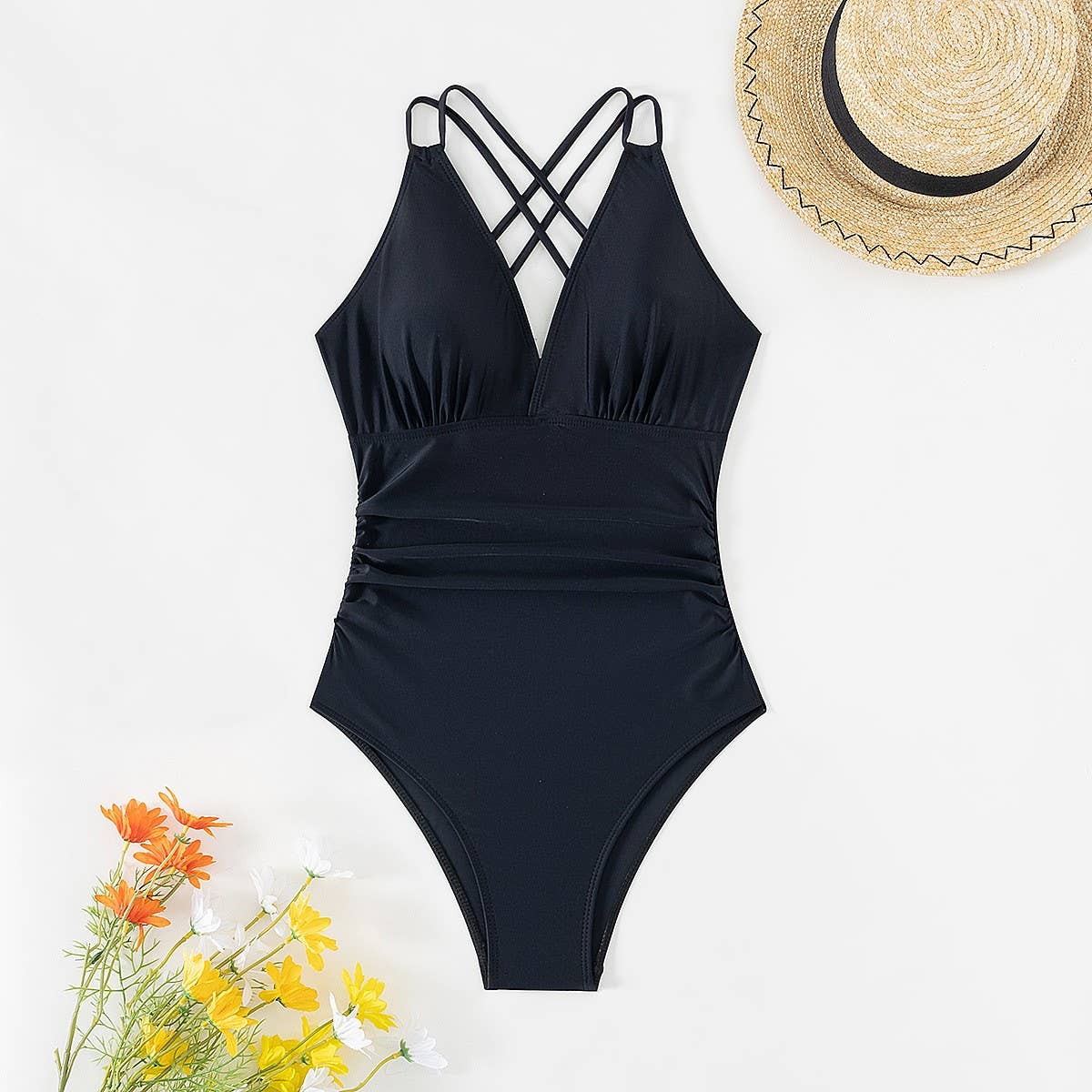 SEXY PLEATED BACK HOLLOW SLIM ONE-PIECE SWIMSUIT