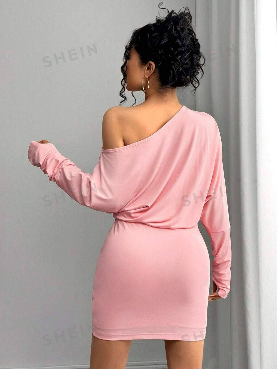 SLIM-FIT DRESS WITH SLOPING NECK AND LONG SLEEVES