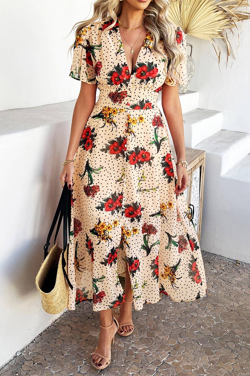 CWDMD5354_SUMMER SEXY DEEP V PRINTED SHORT SLEEVE DRESS