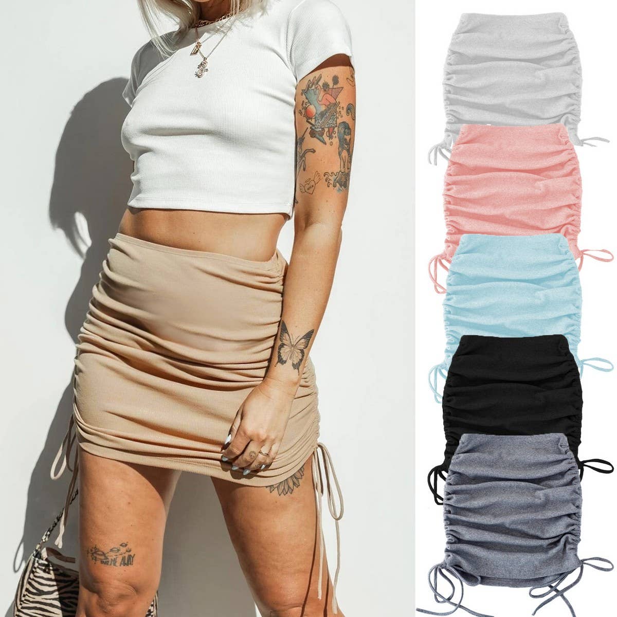 KNITTED SIDE DRAWSTRING STRETCH PLEATED SKIRT
