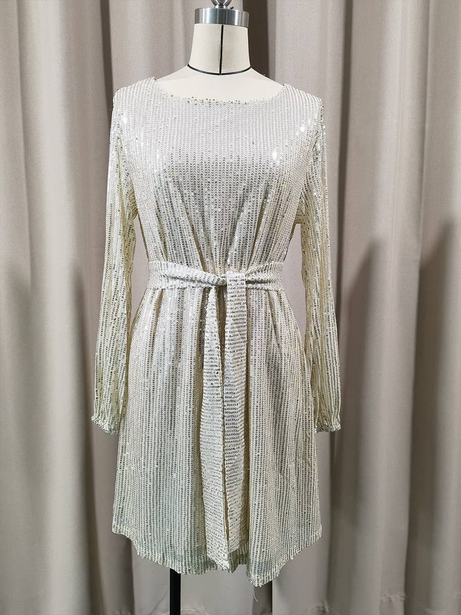 Sequined and beaded short waist-cinching dress