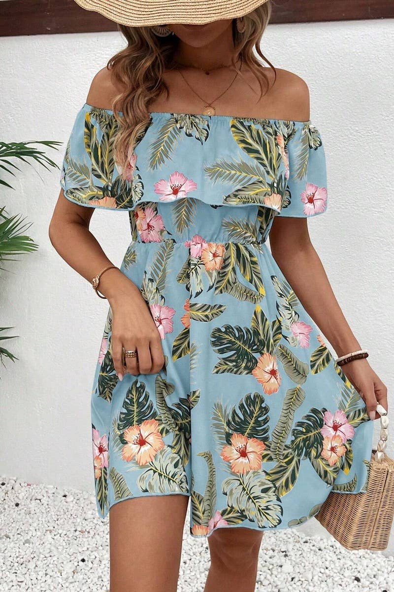 CWDTD0410_PRINTED OFF-SHOULDER DRESS WITH RUFFLED COLLAR