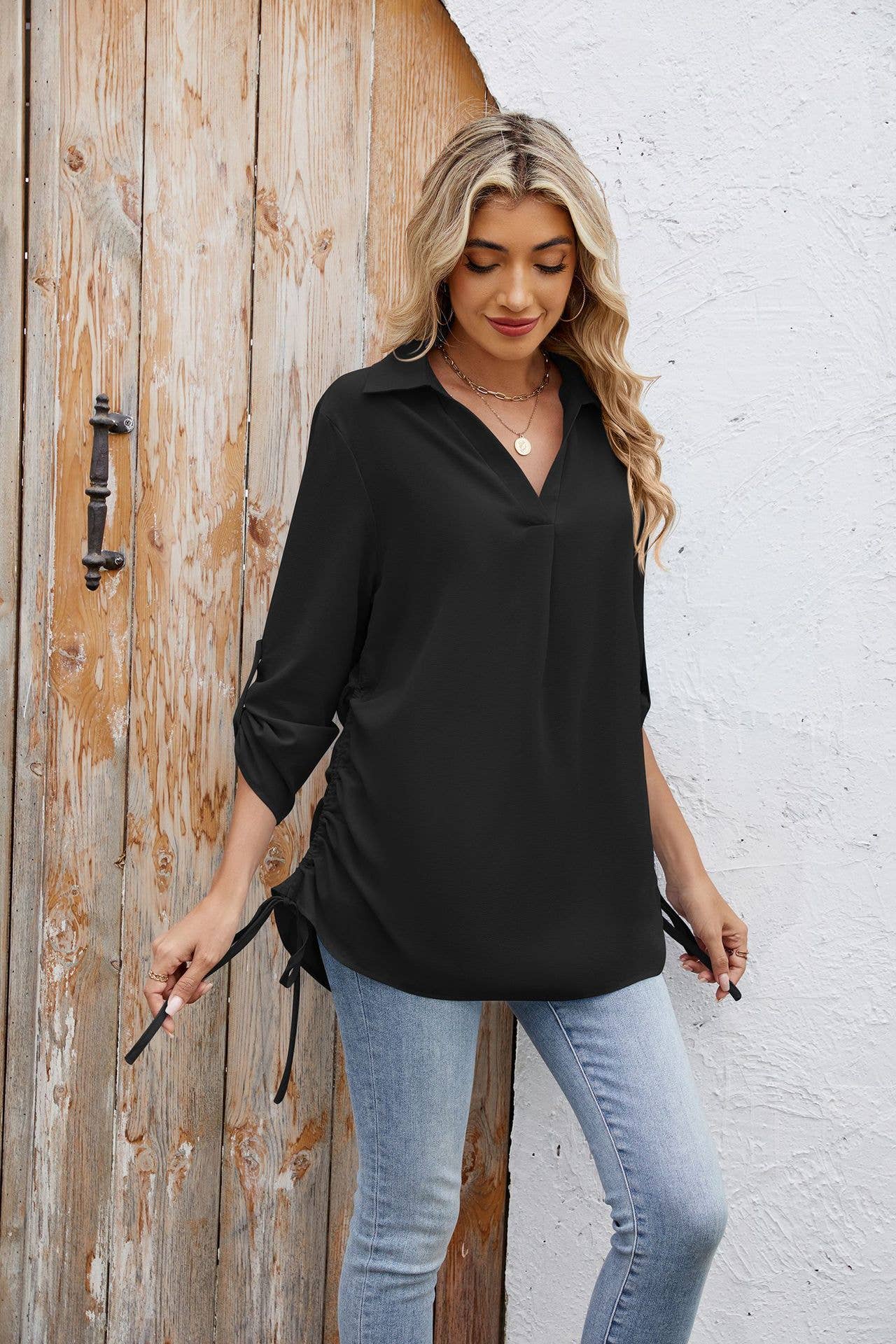 Solid-color loose mid-sleeved chiffon shirt
