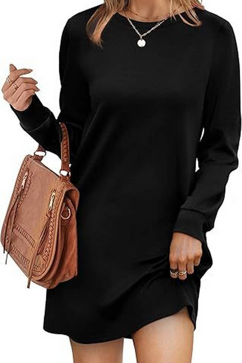 CWDSD8813_ROUND NECK POCKET LONG SLEEVE SWEATER DRESS