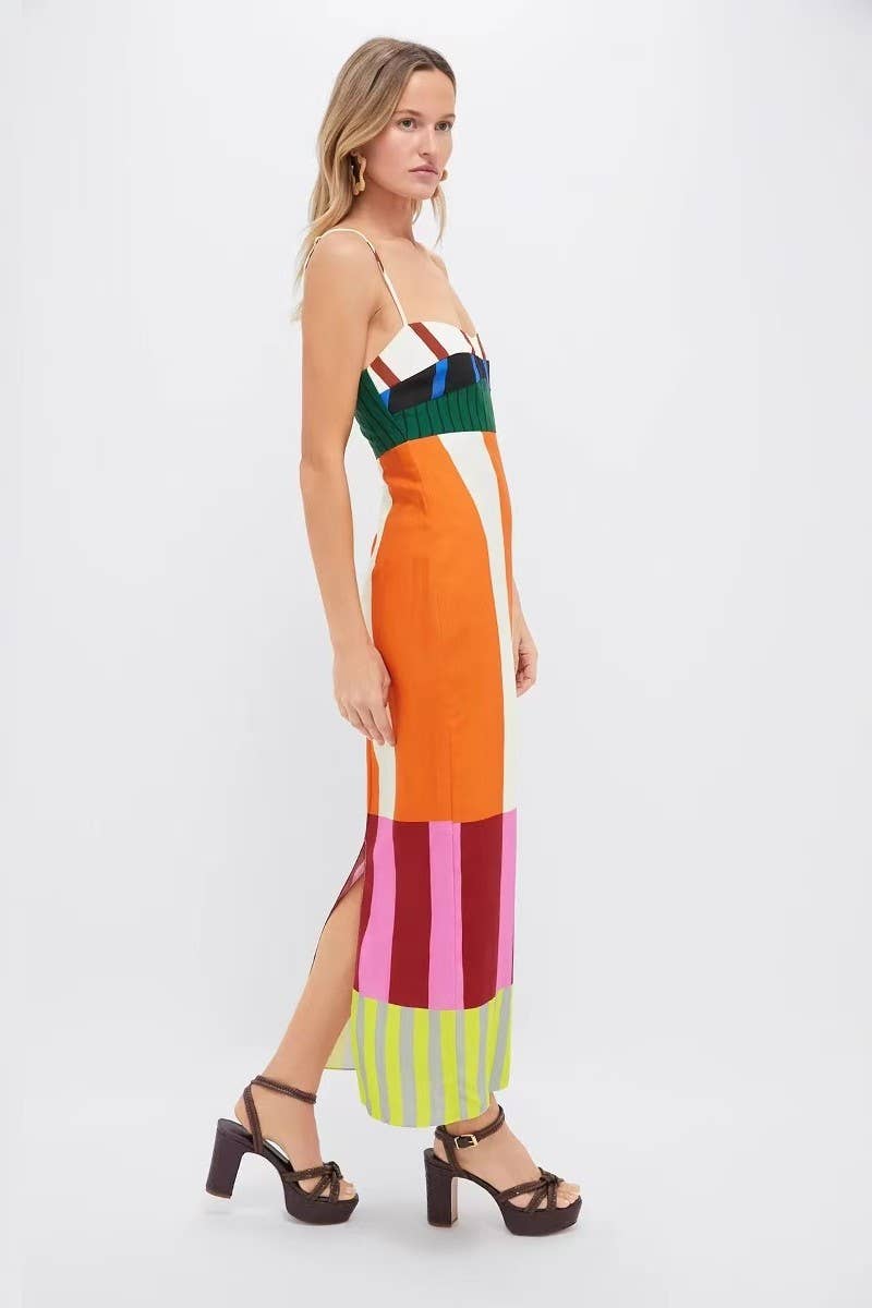 CWDMD6031_STRIPED COLORBLOCK SLIM FIT SLIT CAMI DRESS