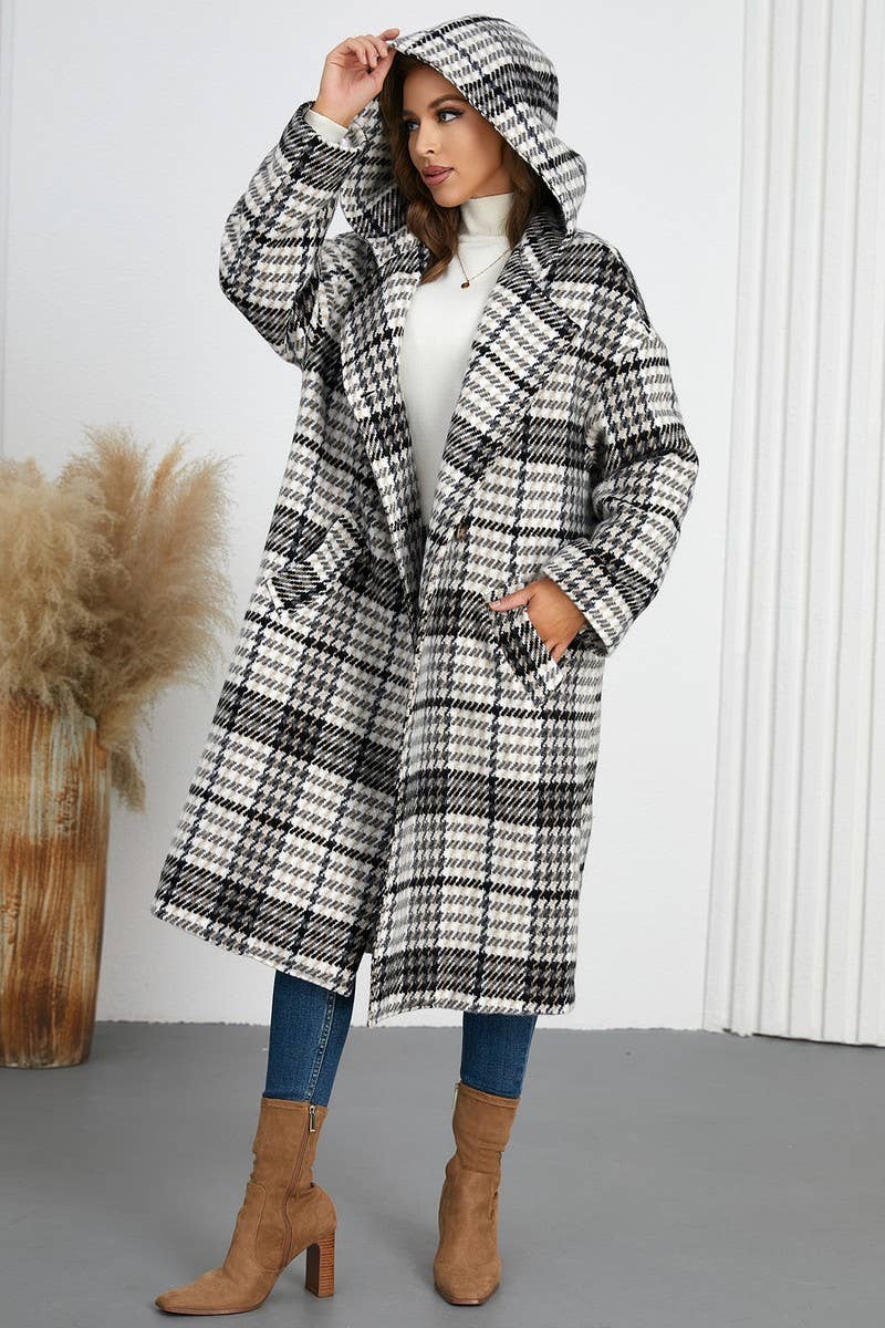 CWOCO0942_DOUBLE-BREASTED PLAID LAPEL LONG HOODED COAT