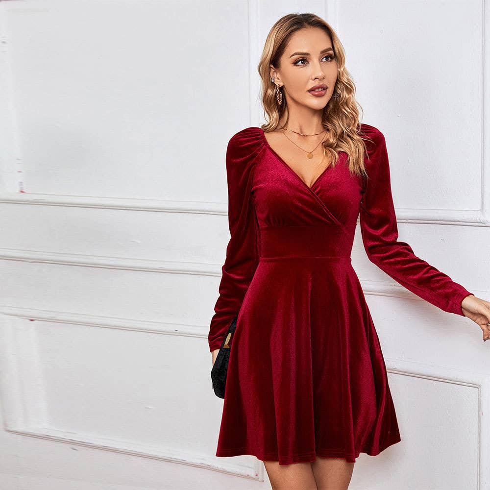 V-NECK WAIST A-LINE SKIRT SEXY VELVET DRESS