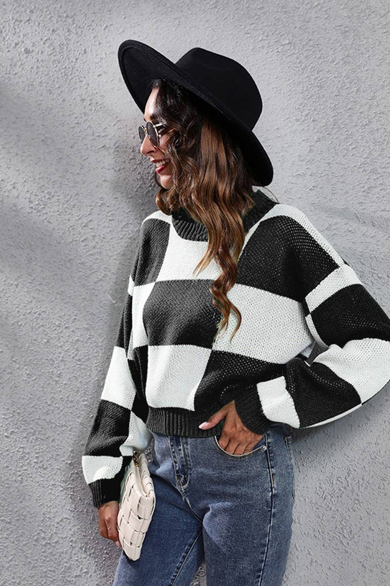 WOMEN RIBBED CREWNECK LONG SLEEVE PLAID SWEATER_CWOSWL1441
