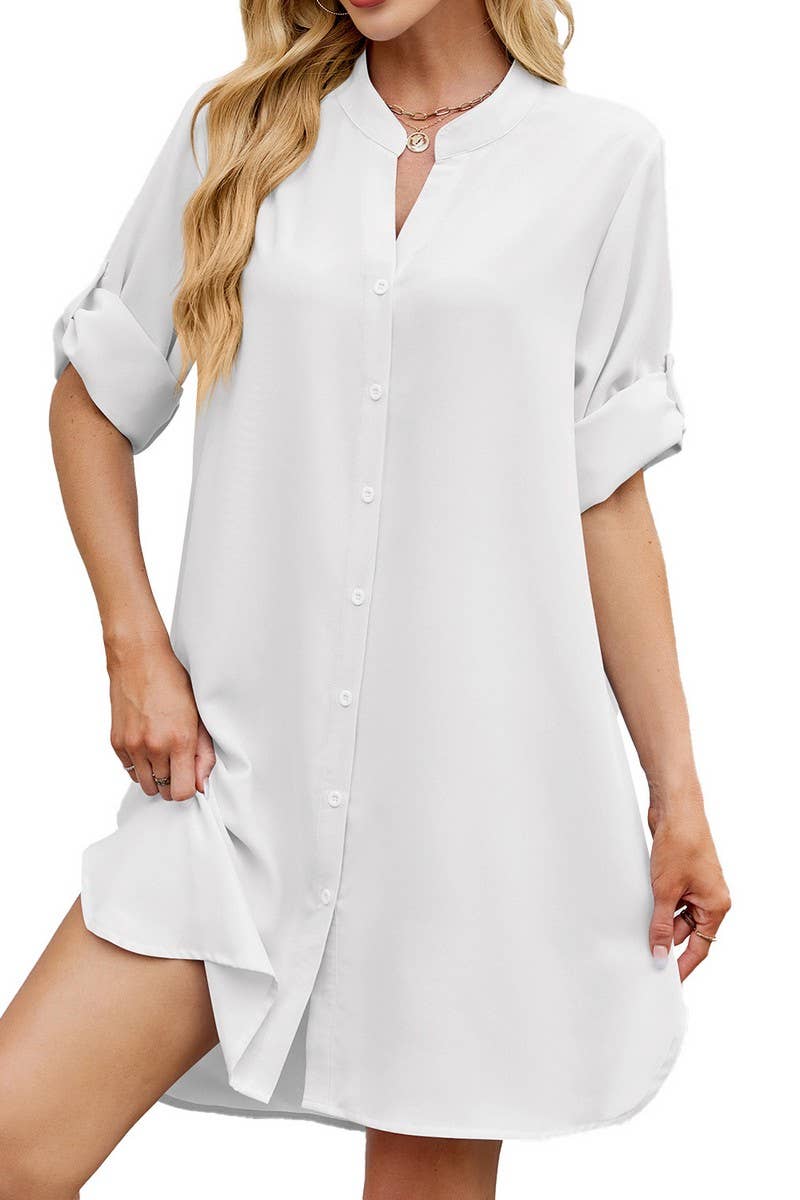 CWDSD7420_SUMMER LOOSE MID SLEEVE BUTTON SHIRT DRESS