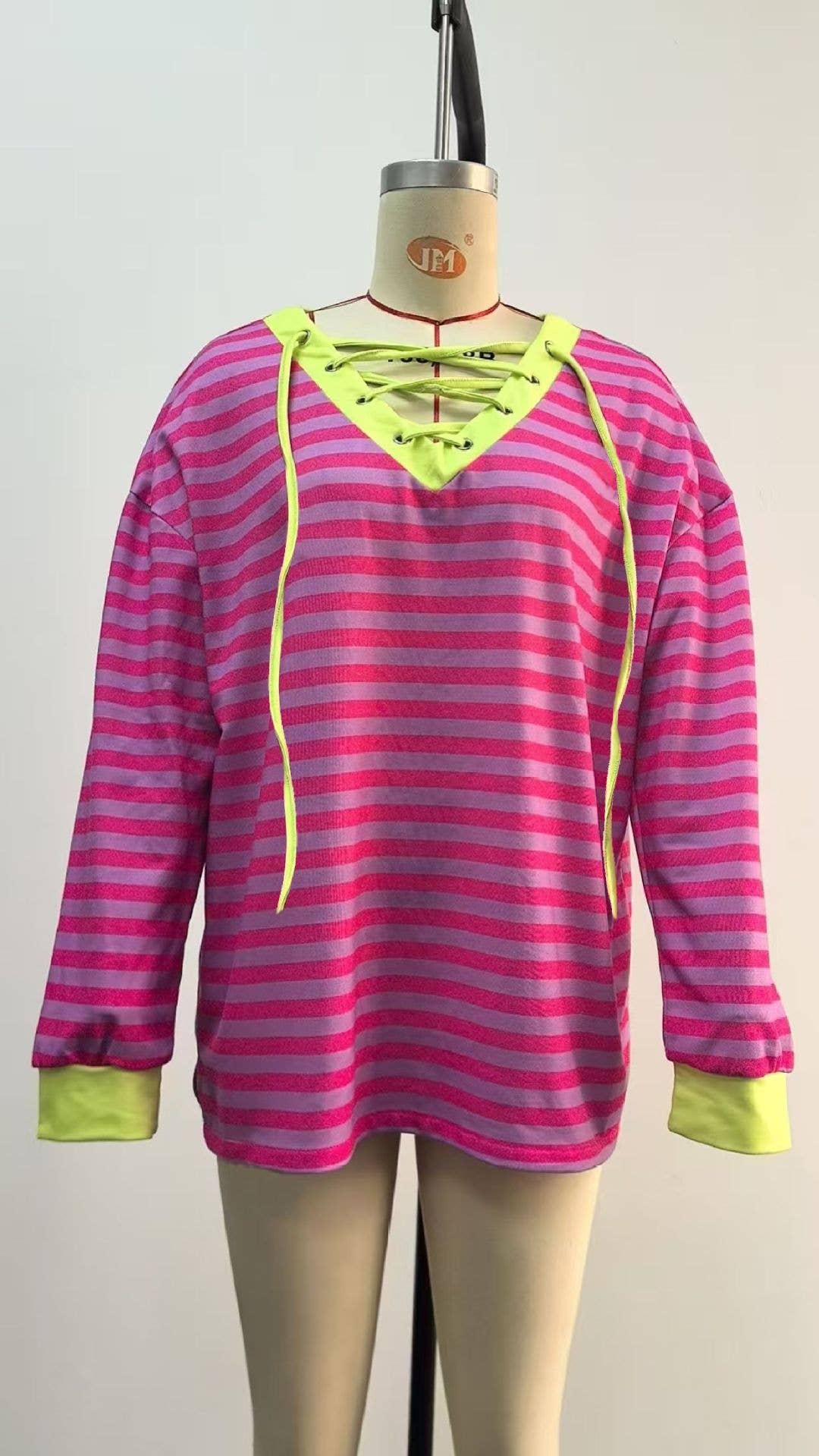 Striped V-neck fashion sexy lace-up sweatshirt