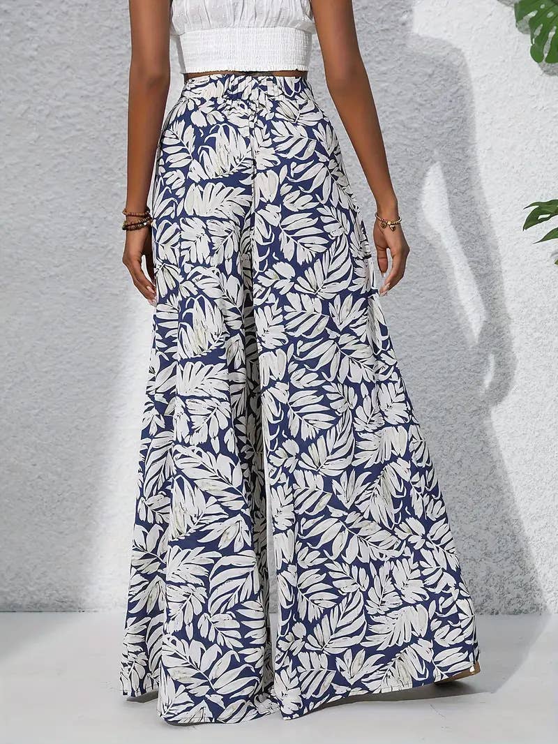 Plant-printed high-waisted wide-leg trousers