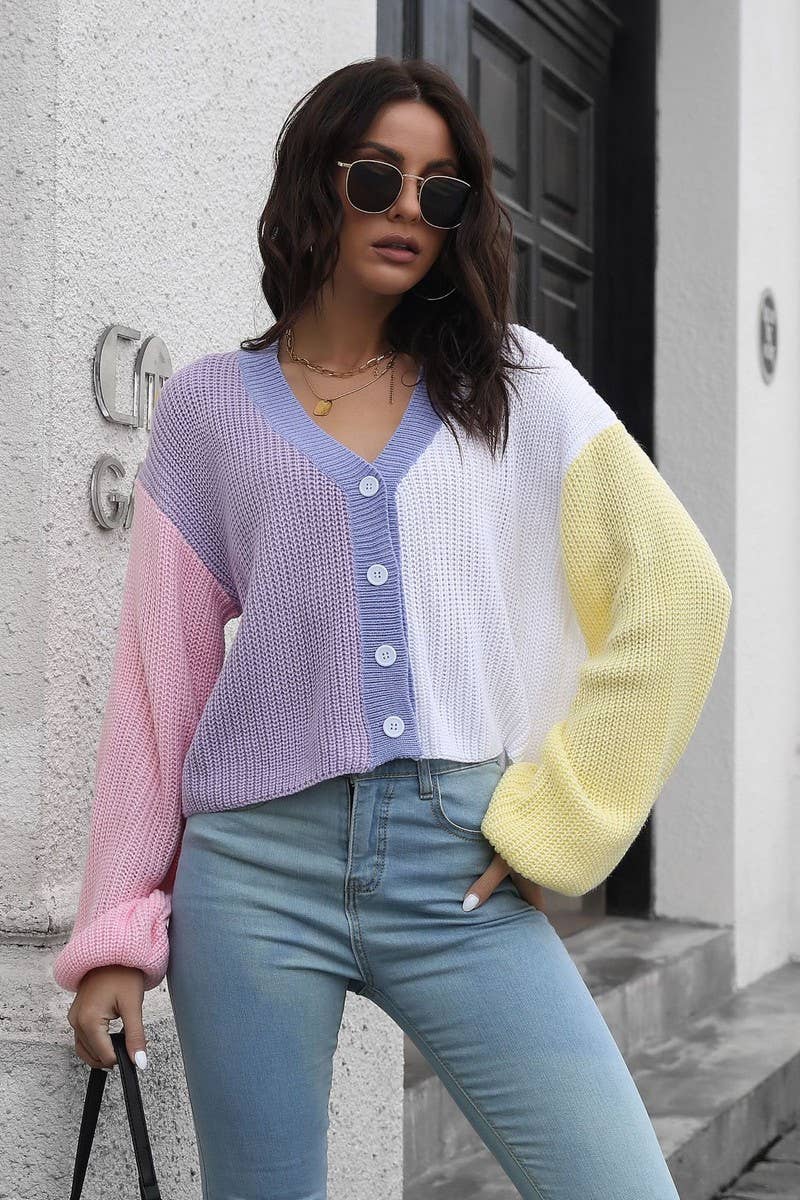 CWOCAL1225_CONTRAST COLOR LONG SLEEVE SHORT KNIT CARDIGAN