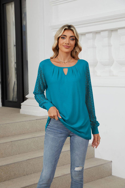 ROUND NECK CUTOUT LACE LONG SLEEVE CASUAL T-SHIRT