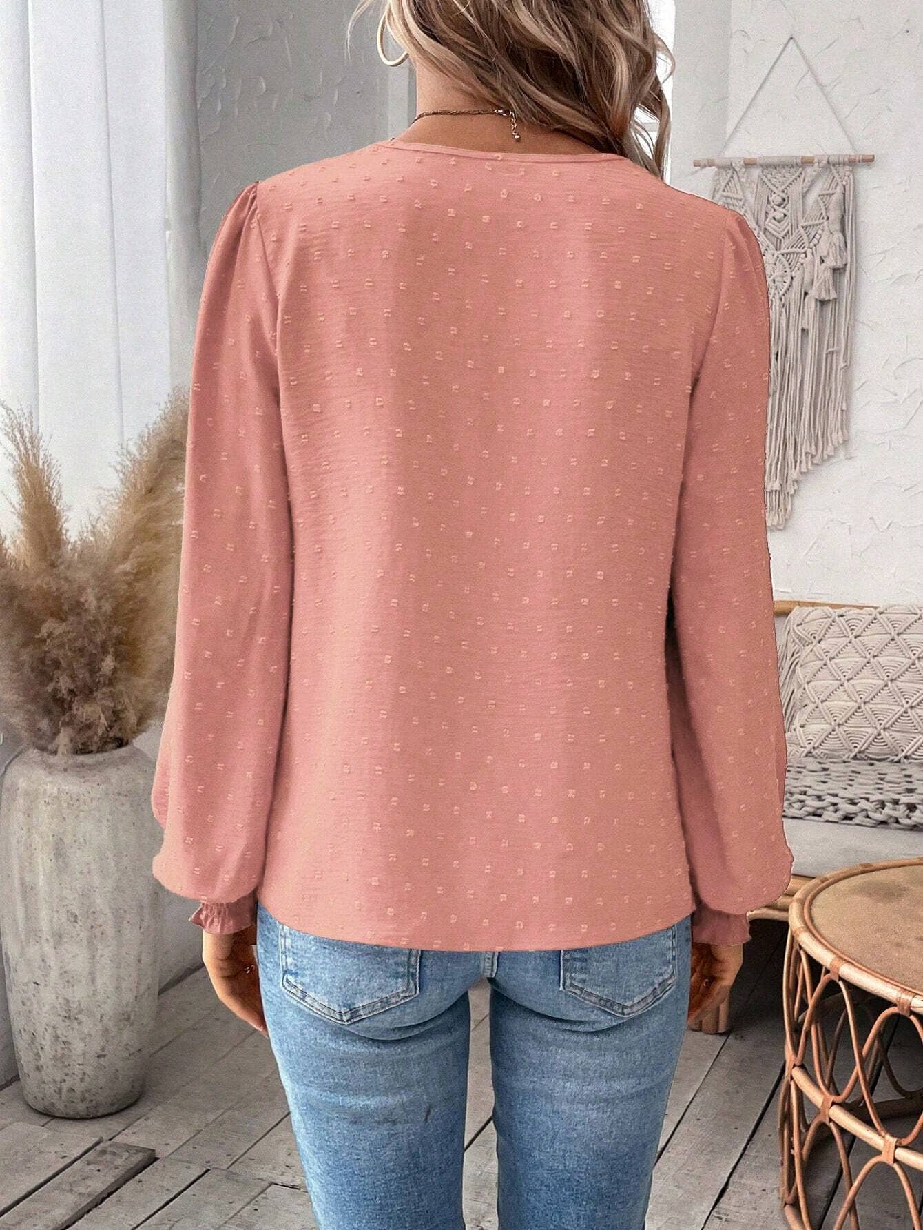 V-neck lace solid-color long-sleeved T-shirt