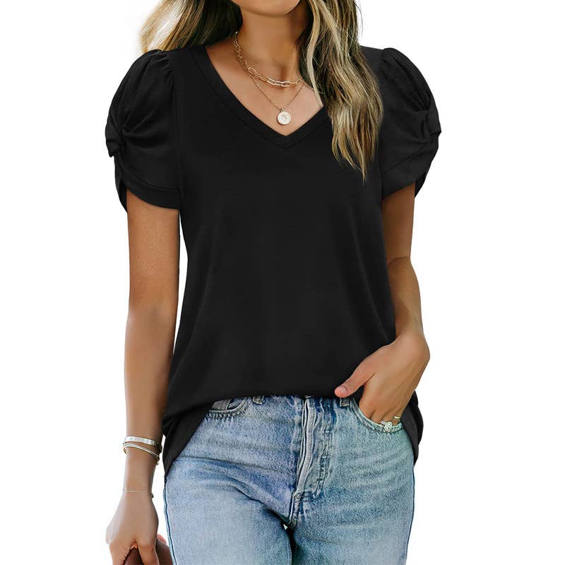 SOLID COLOR KNOTTED V-NECK SHORT-SLEEVED BASE