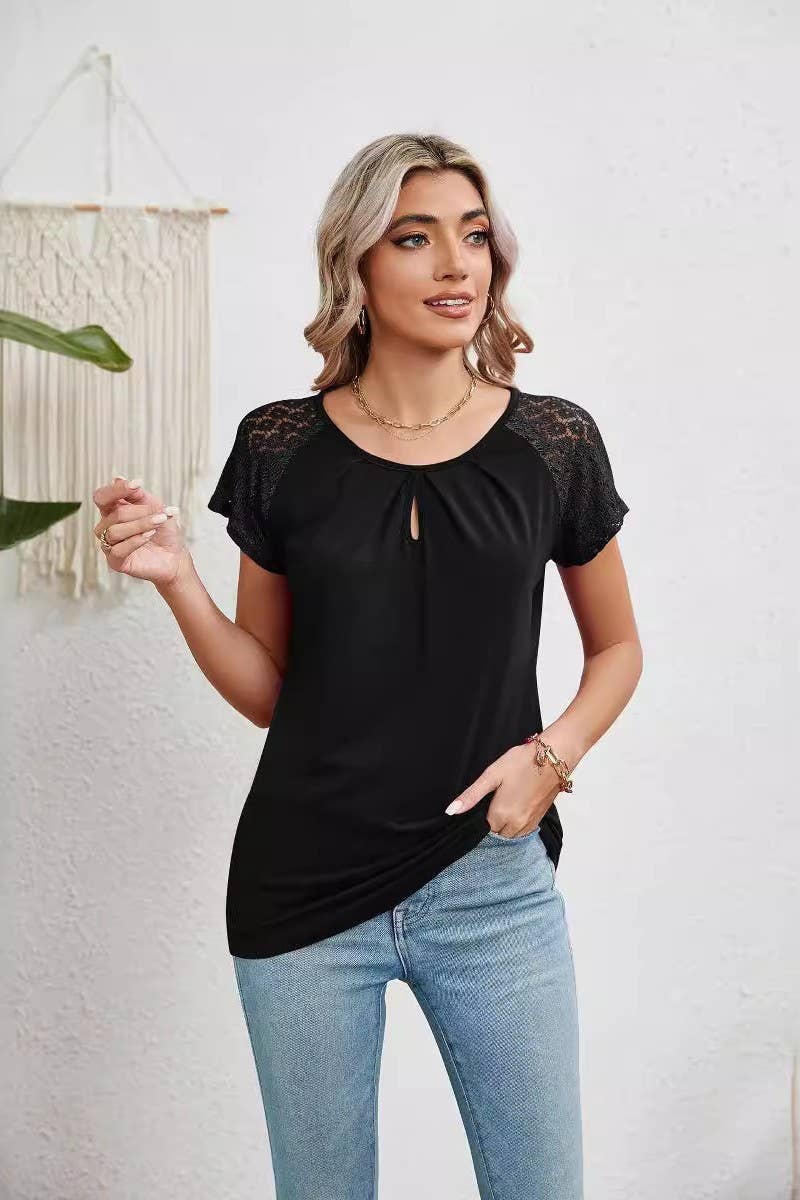 Cwtts00709_Summer Lace Paneled Round Neck Top