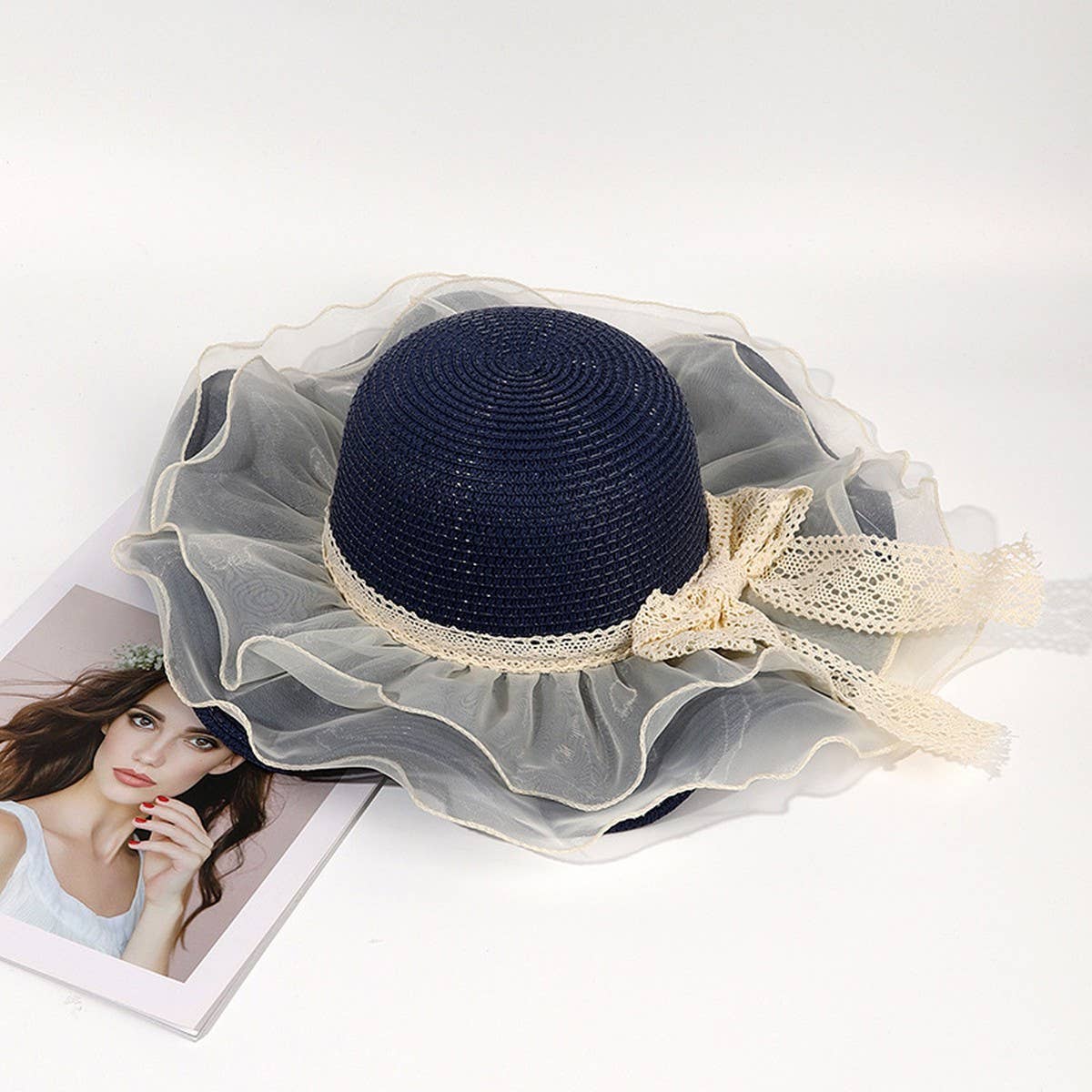 Fashion bow ribbon wide brim straw hat_CWAH3474