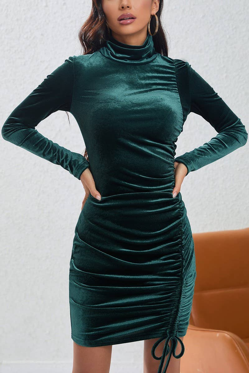 CWDSD6479_PARTY TURTLENECK DRAWSTRING VELVET DRESS
