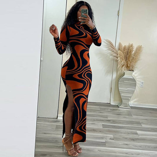 PRINTED SHEATH DRESS LONG SLEEVE MID-LENGTH SKIRT