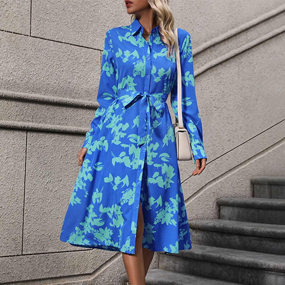 Printed lapel shirt dress