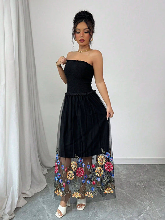 Sexy floral embroidered strapless long dress