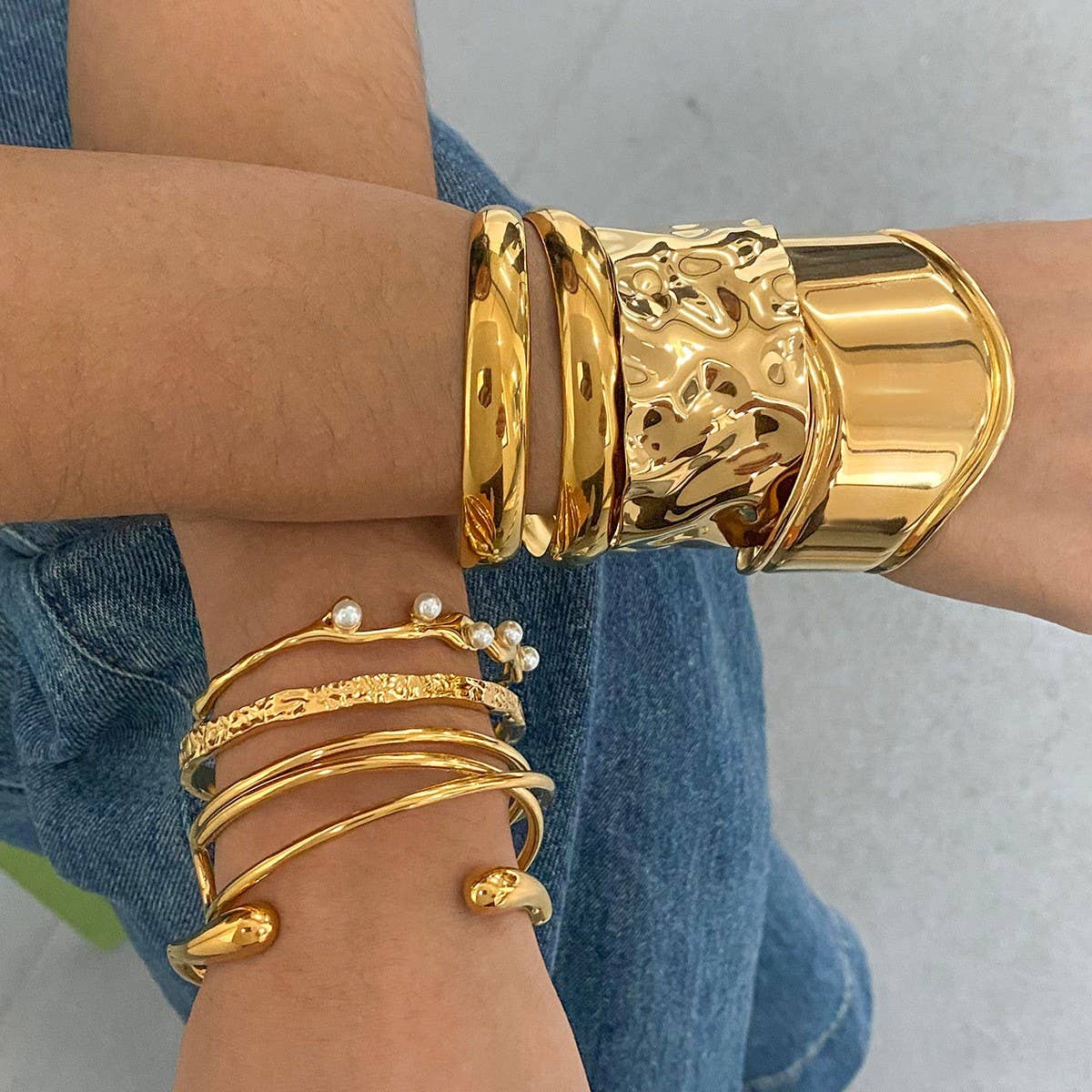 Gold Stainless Steel Pearl Open Cuff Bracelet