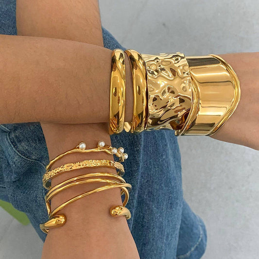 Gold Stainless Steel Pearl Open Cuff Bracelet