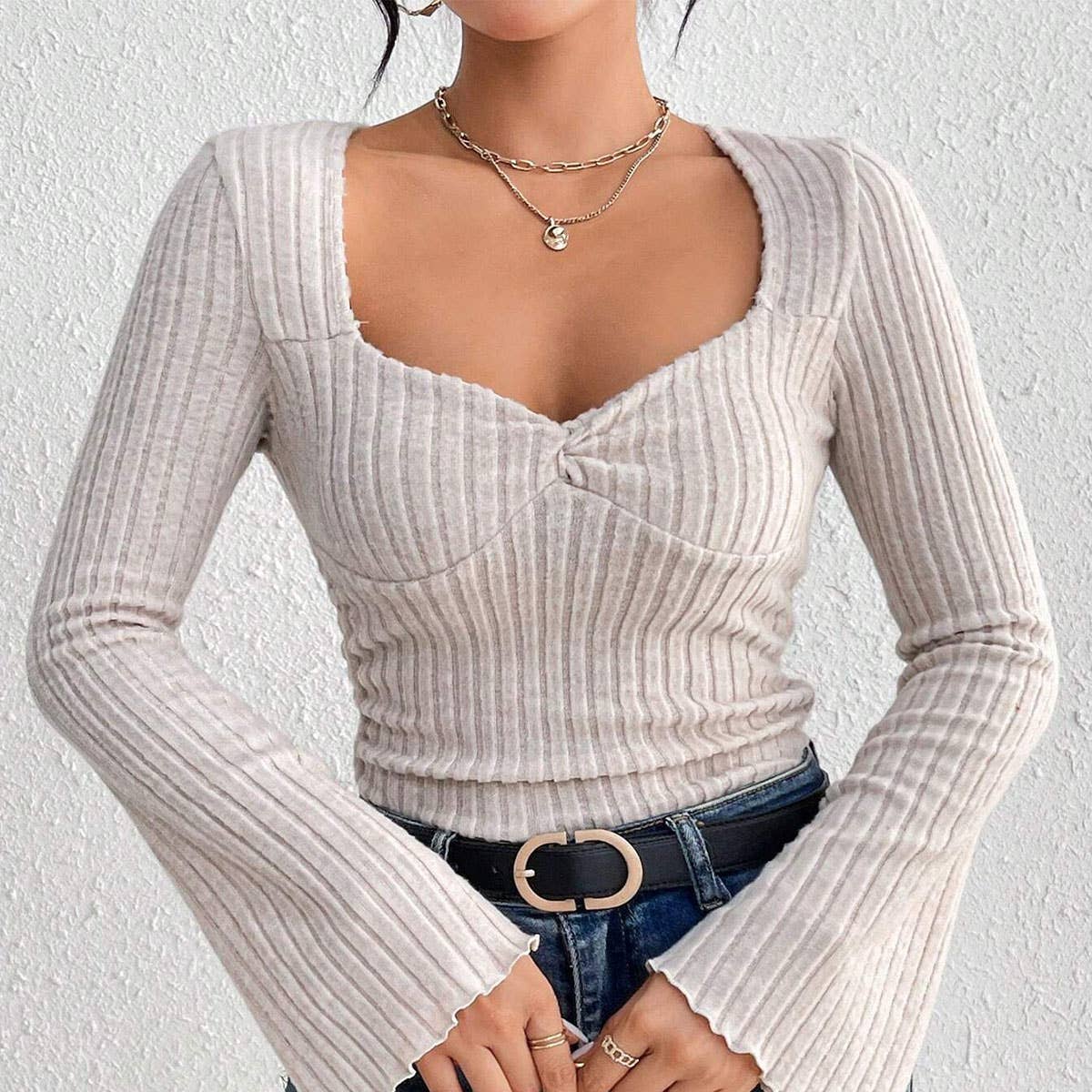 SQUARE COLLAR FLARED SLEEVE SLIM LONG SLEEVE TOP