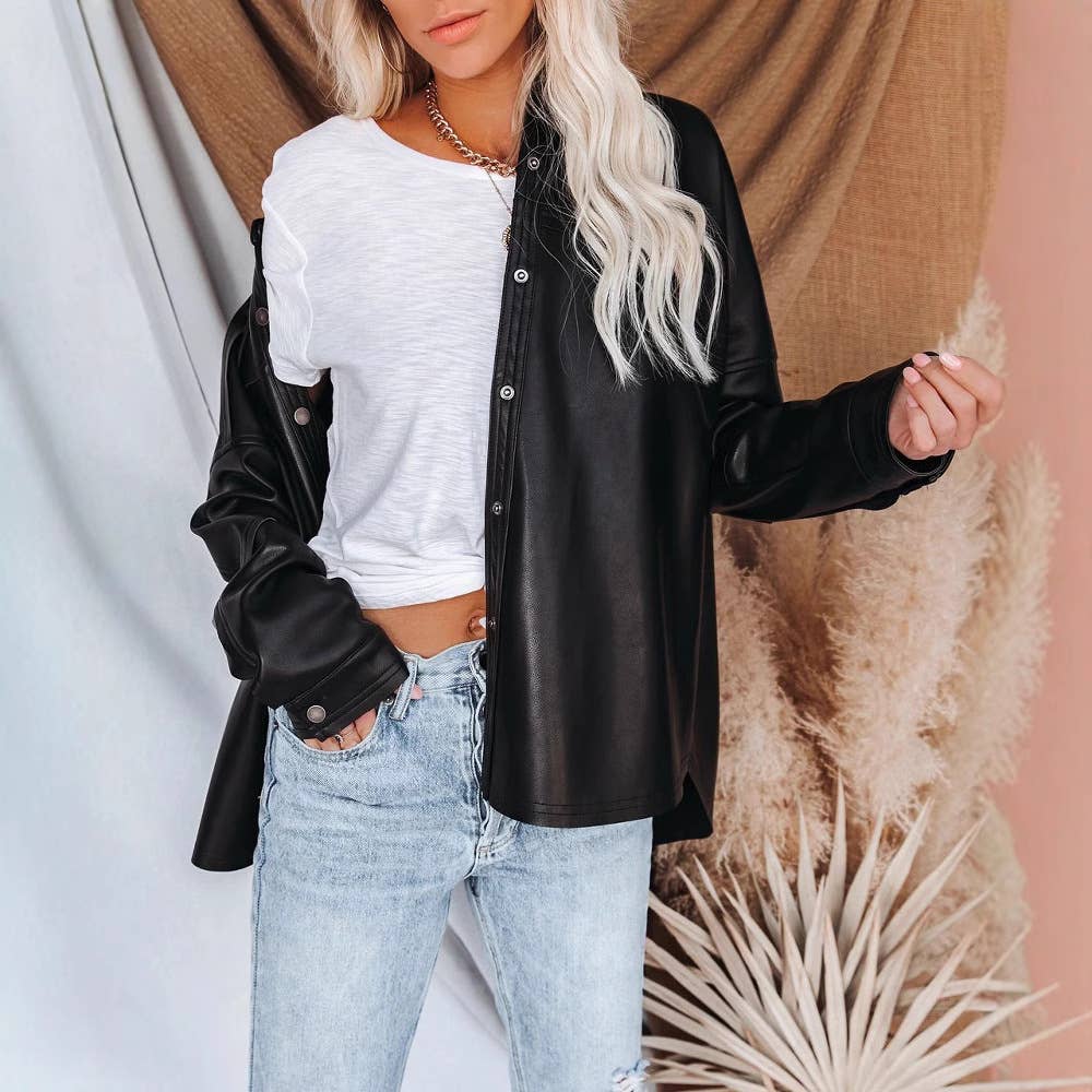 Lapel solid-color long-sleeved leather jacket