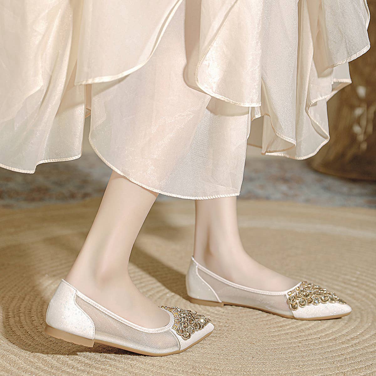 WOMEN FASHION DIAMOND MESH CRYSTAL FLAT SHOES