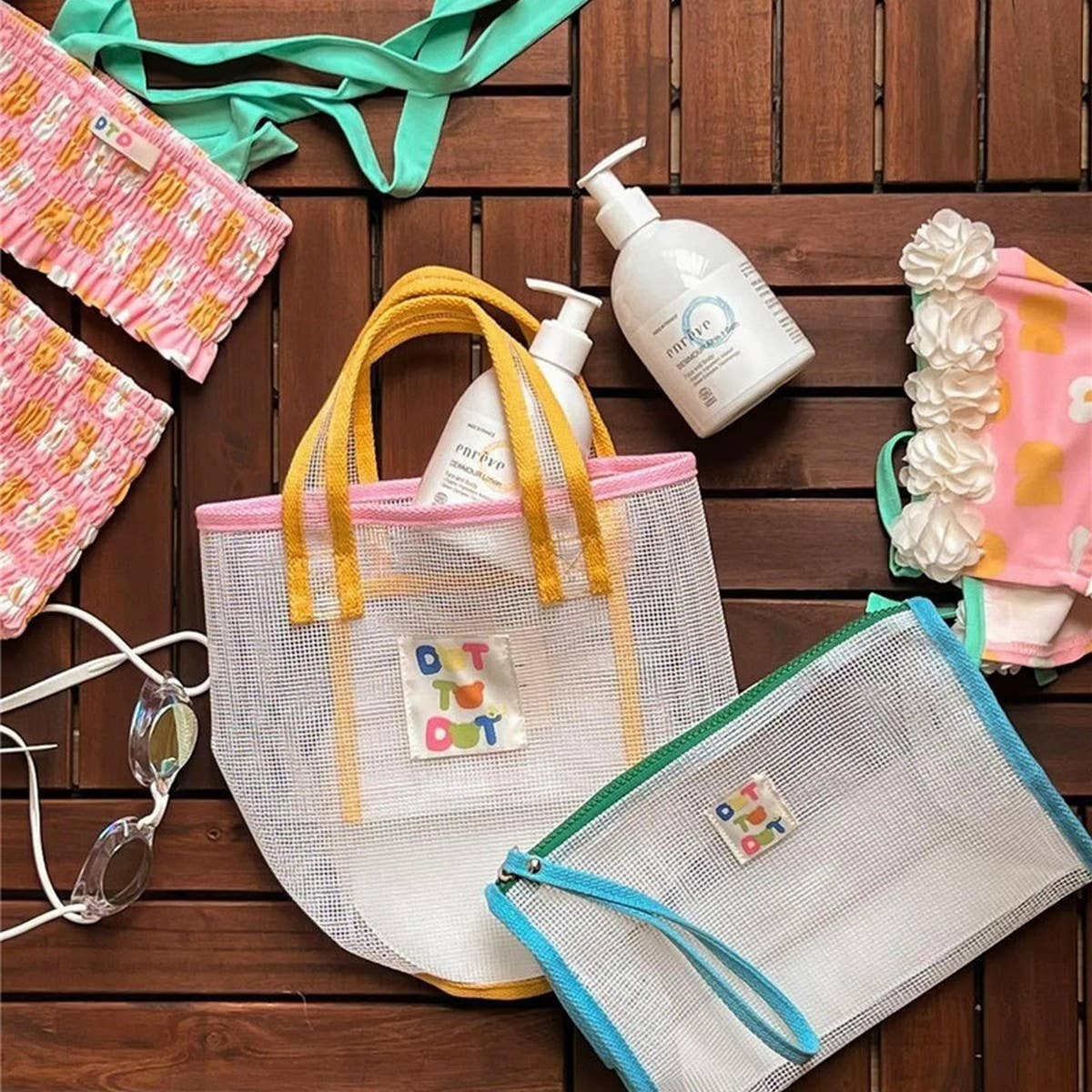 CONTRASTING COLOR MESH BEACH BUCKET BAG STORAGE BAG_CWAB1918