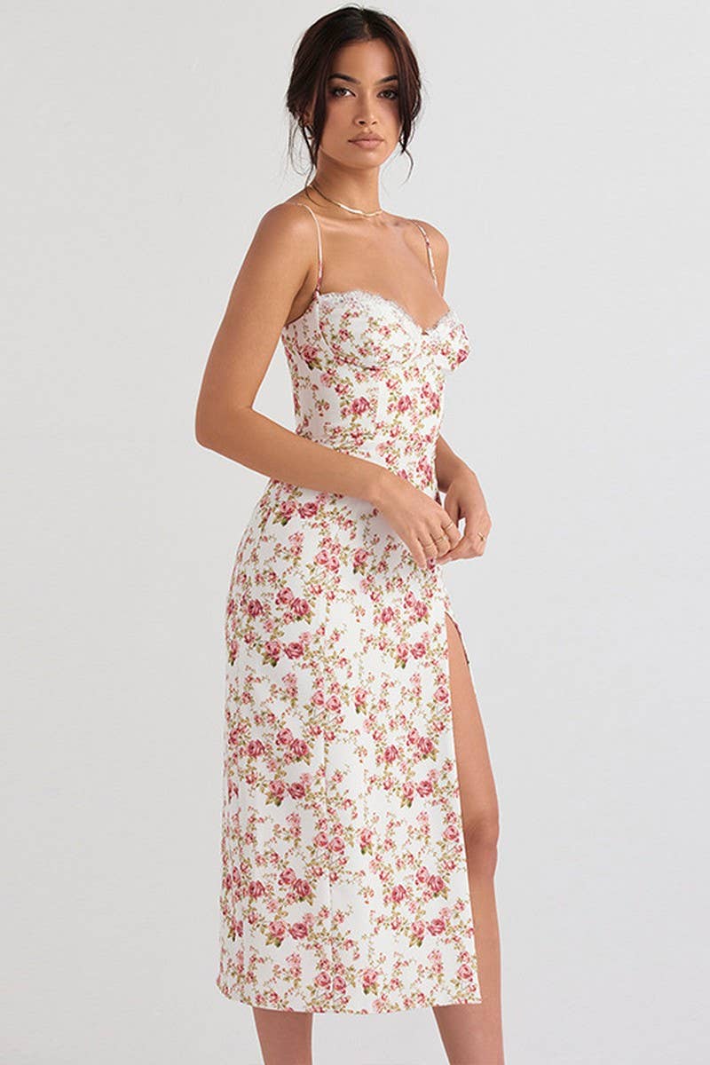 CWDMD4132_SMALL FLORAL BOHEMIAN SLIT SEXY SUSPENDER DRESS