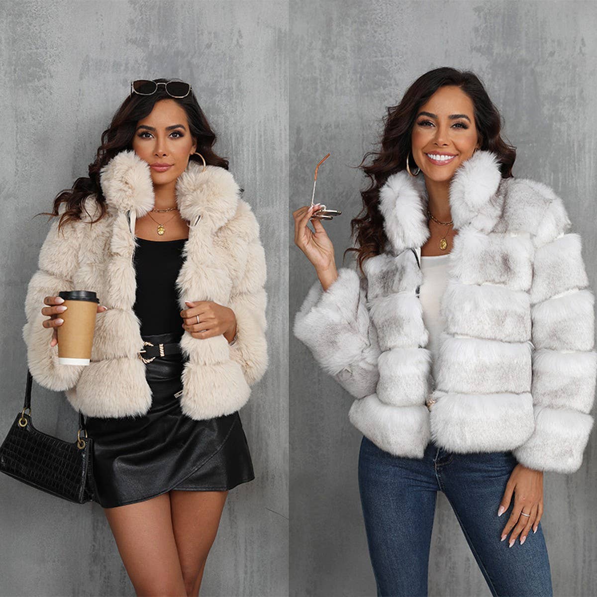 Women??¢s Faux Fur Zip-Up Short Coat Stand Collar_CWMM9121