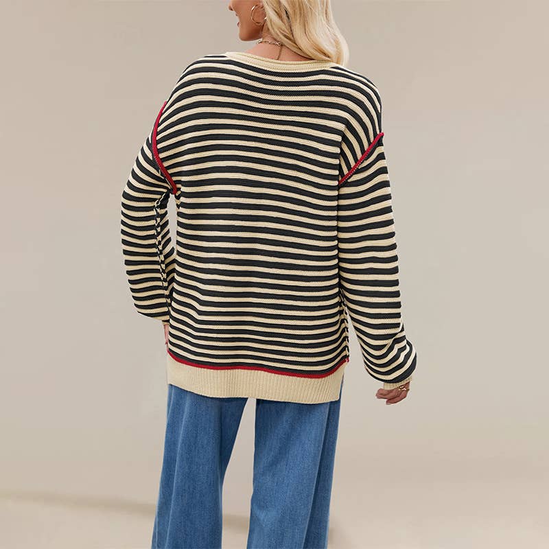 Striped knitted round-neck long-sleeved sweater
