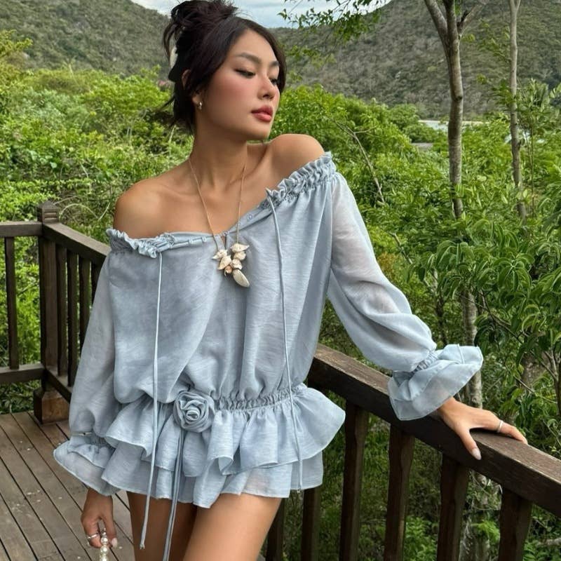 Off shoulder ruffle chiffon long sleeve dress