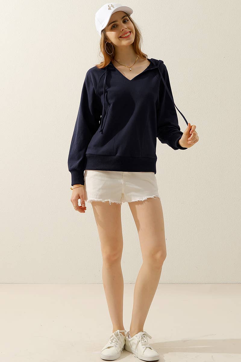 CWOHOL446_V NECK COTTON HOOIDE SWEATSHIRT CASUAL TOP