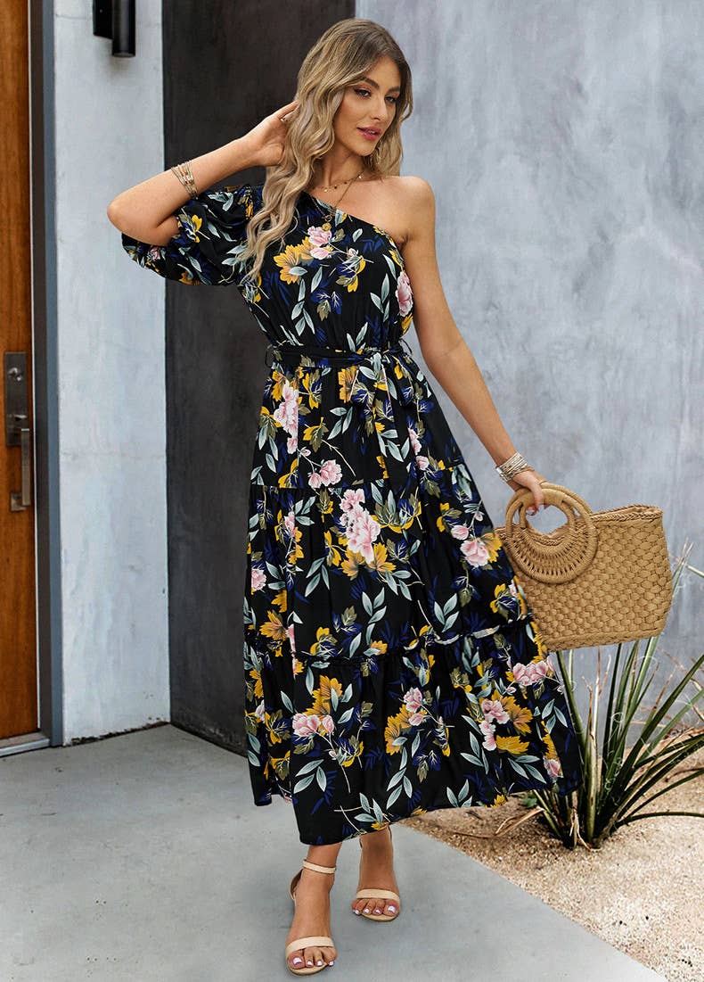 SLANT SHOULDER PRINTED LANTERN SLEEVE DRESS