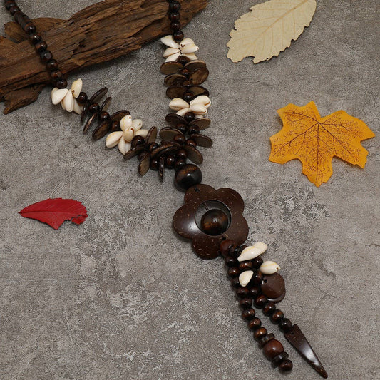 WOODEN BEADS COCONUT SHELL FLOWER HEART NECKLACE_CWMM4399